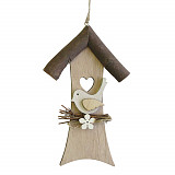 Dřevěná dekorace 20 cm - budka s ptáčkem béžová