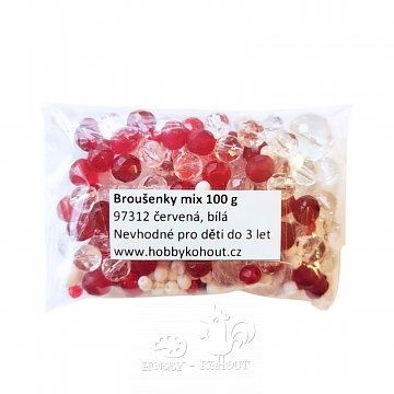 Broušenky a mačkané korálky směs 100 g červená / bílá