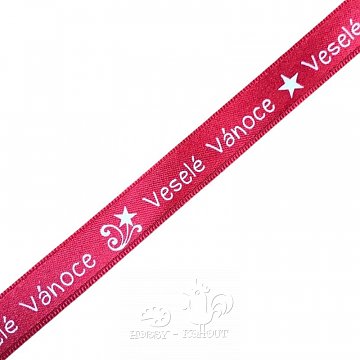Stuha 15 mm - Veselé vánoce červená / bílá 1 m