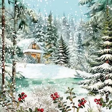 Ubrousek na decoupage - vzor 3307 zima, les, chalupa