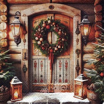 Ubrousek na decoupage - vzor 3308 vánoce, dveře, věnec a lucerna