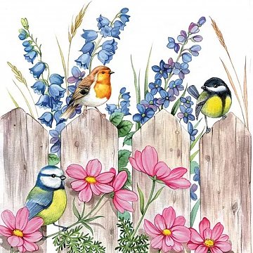 Ubrousek na decoupage - vzor 0720 ptáčci plot, kytky