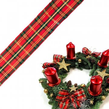 Stuha kostka vánoční s drátkem, š. 40 mm - 1 metr