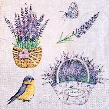 Ubrousek na decoupage - vzor 0130 levandule, ptáček, košík