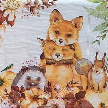 Ubrousek na decoupage - vzor 2654 podzim lišky, veverka, dýně