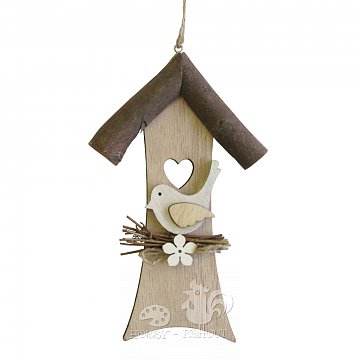Dřevěná dekorace 20 cm - budka s ptáčkem béžová