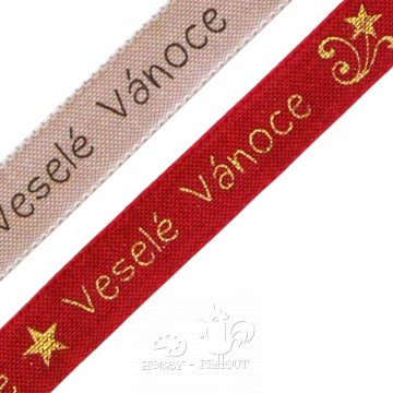 Stuha 25 mm - Veselé vánoce červená / zlatá 1 m