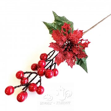 Dekorace větvička s vánoční růží glitr 29 cm