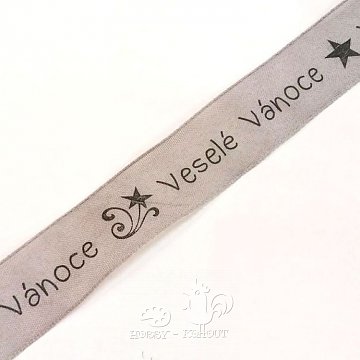 Stuha 25 mm - Veselé vánoce šedá 1 m