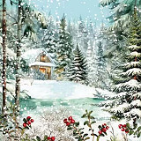 Ubrousek na decoupage - vzor 3307 zima, les, chalupa