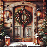 Ubrousek na decoupage - vzor 3308 vánoce, dveře, věnec a lucerna