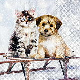 Ubrousek na decoupage - vzor 3913  pejsek a kočka, zima