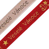 Stuha 25 mm - Veselé vánoce červená / zlatá 1 m