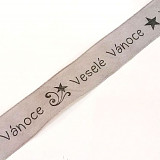 Stuha 25 mm - Veselé vánoce šedá 1 m